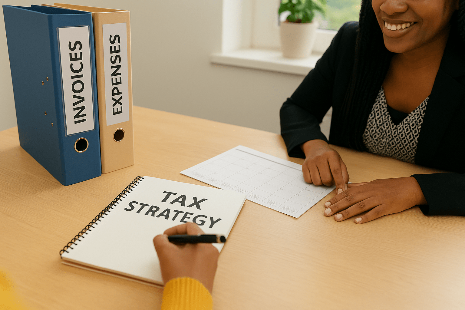 A UK small business owner reviewing tax planning notes with an accountant at a desk, smiling and confident.
