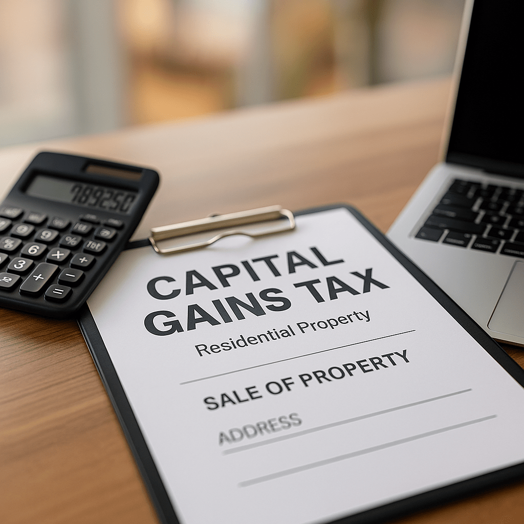 A Capital Gains Tax document for residential property on a clipboard beside a calculator and laptop, ready for review.