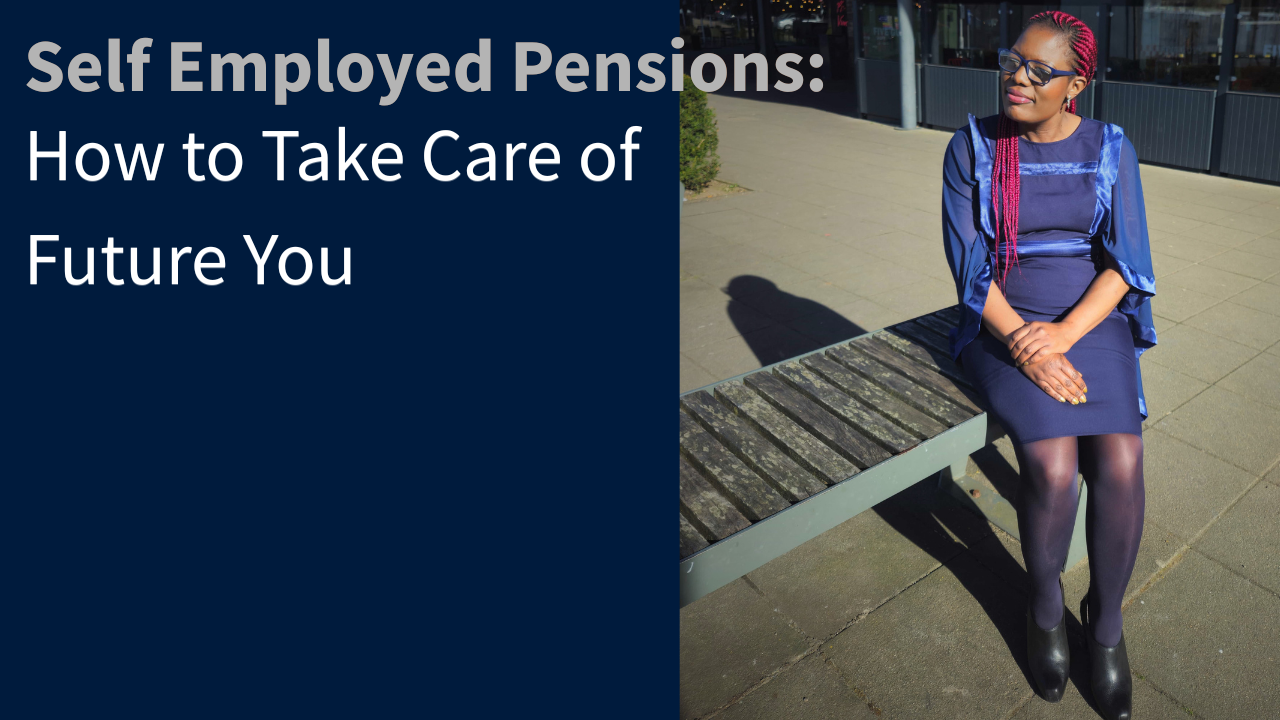 A woman in a navy dress sits confidently on a bench outside, under bright sunshine, representing planning ahead for self-employed pensions.