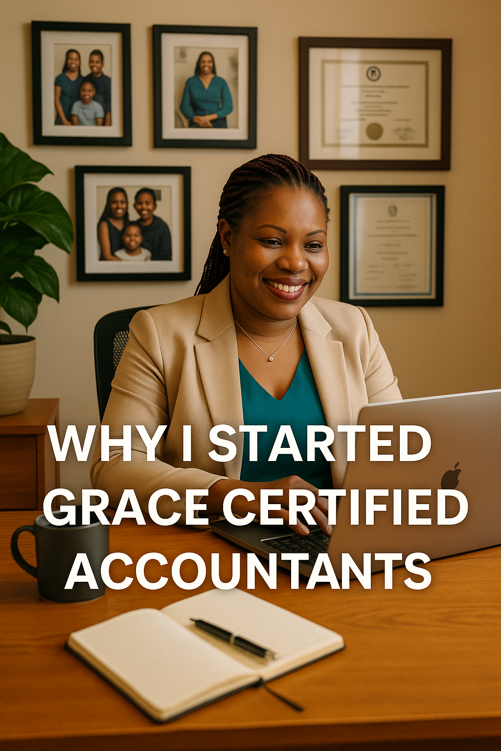 A smiling African woman at her desk with family photos and certificates behind her, working on a laptop with the title “Why I Started Grace Certified Accountants” in bold white text