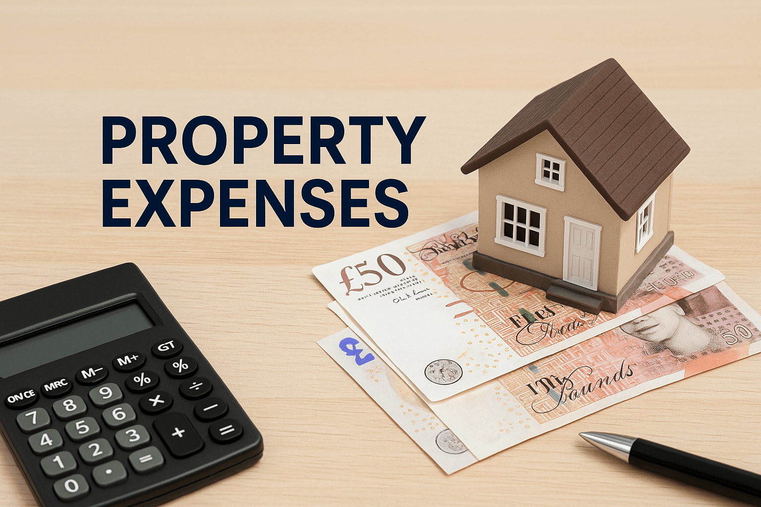 Model house on British banknotes with calculator and pen, representing property expenses and landlord tax deductions.