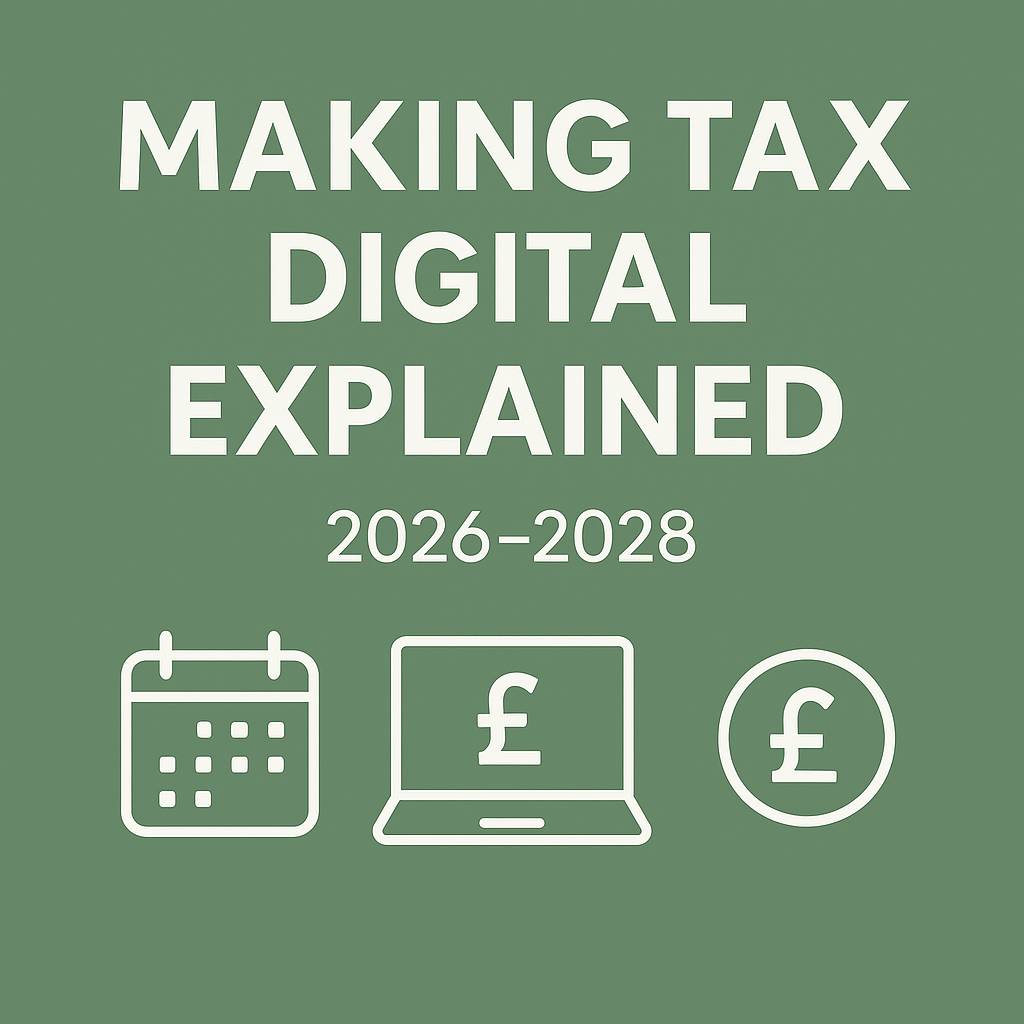 Digital graphic titled “Making Tax Digital Explained” for self-employed, highlighting 2026 to 2028 changes under HMRC rules.