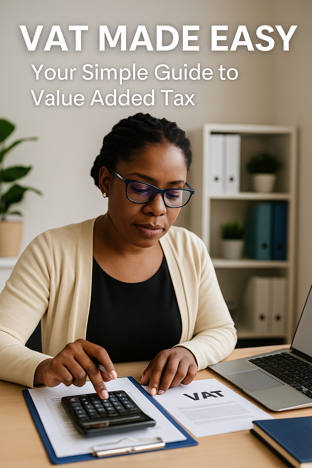 A UK accountant working at a desk, calculating VAT for a small business client.