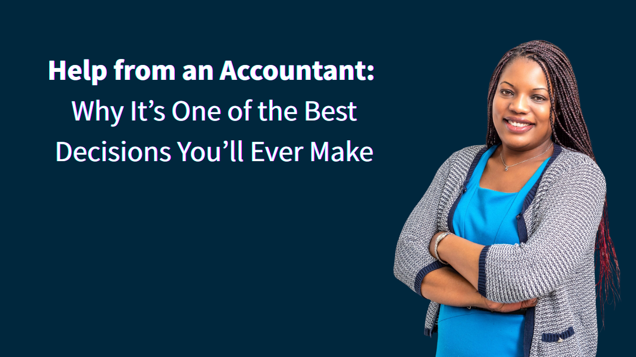 A smiling Black British accountant in a professional blue outfit, standing confidently with arms folded in front of a clean background, next to the blog title.