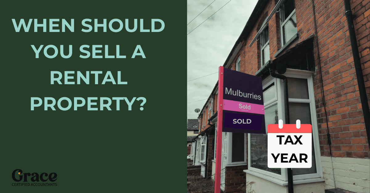 British terraced house with SOLD sign and the text “When Should You Sell a Rental Property?” beside a red Tax Year calendar graphic