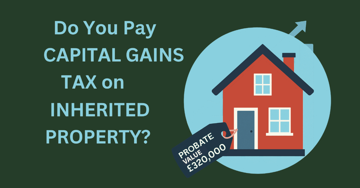 Illustration of a house with a probate label and rising value bar, showing capital gains on inherited property