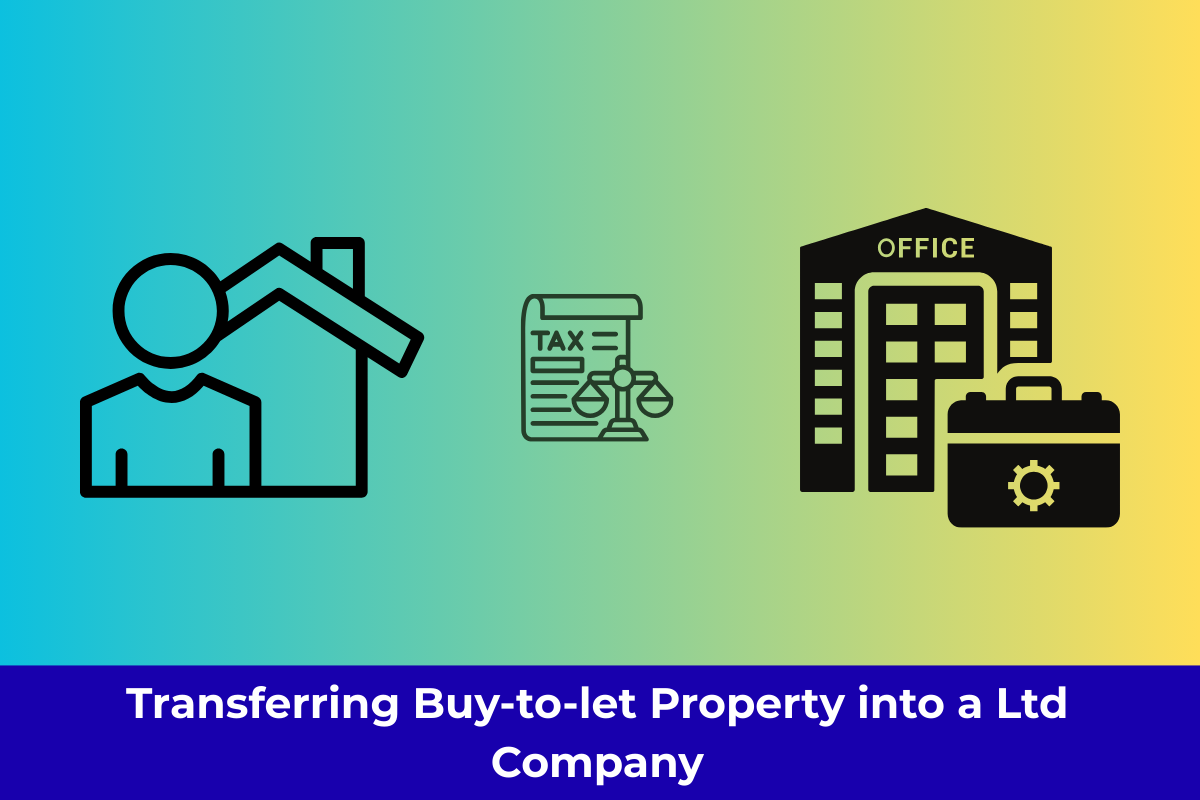 Split illustration showing a house vs company building with tax icons, banner text “Transferring Buy-to-Lets into a Limited Company” — representing landlord tax planning in 2025.