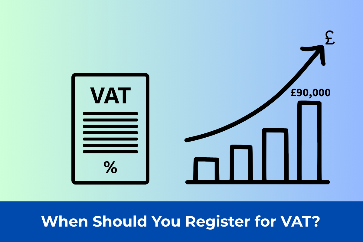 A VAT receipt icon next to a rising bar chart labelled £90,000, with the title banner “When Should You Register for VAT?” — representing the UK VAT registration threshold.